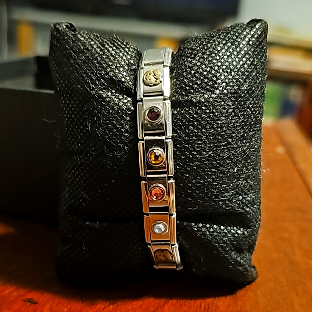 Vintage 1980's Nomonation Italian Charm Bracelet, Stainless Steel, Rhinestones